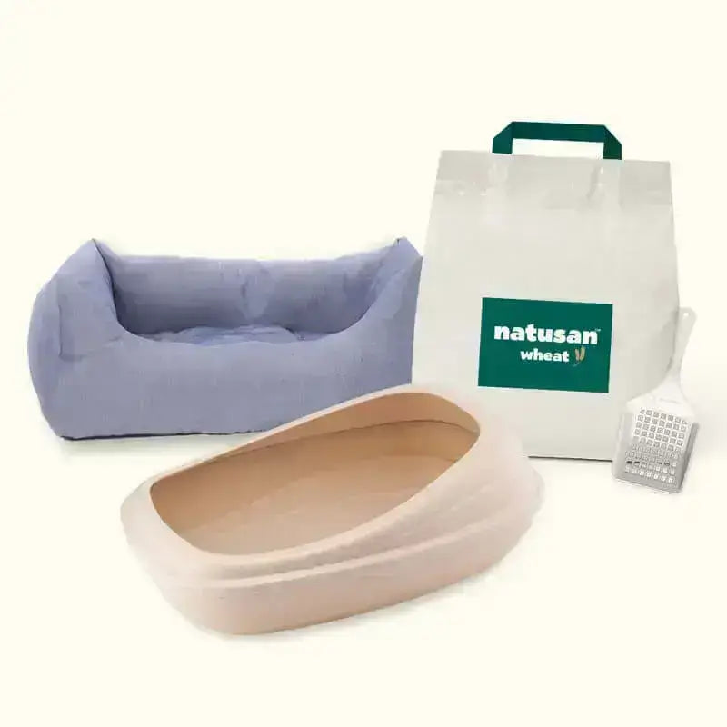 Kitten Starter Kit XXL - Natusan Wheat Litter, Beco Litter Tray, Scoop And Project Blu Eco-Friendly Plain Blue Nest Cat Bed (XS)